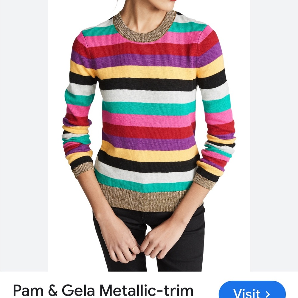 Price Firm Pam & Gela Multicolor Striped Sweater, Gold Metallic Trim, Size P/XS